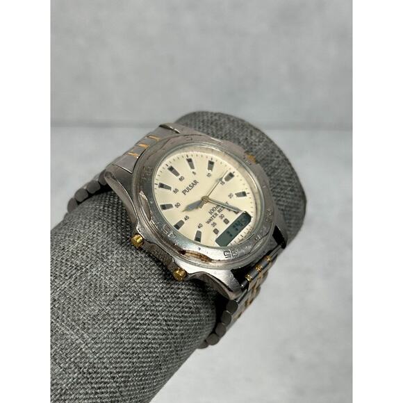 VTG Pulsar Watch Mens 42mm Two Tone Analog Digital V041-9250 Quartz New Battery - Picture 2 of 14